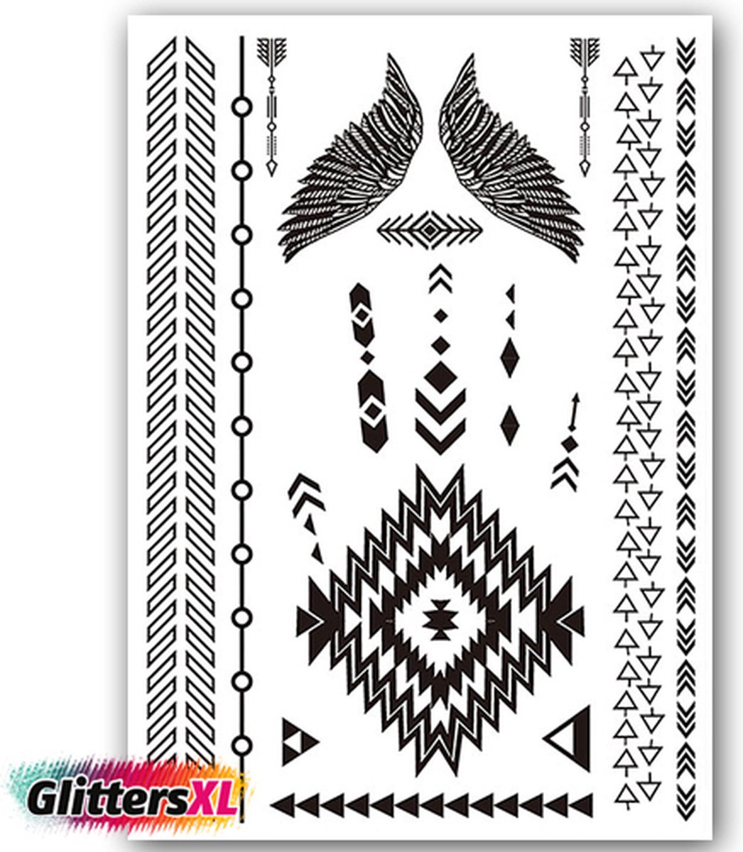 GlittersXL - Temporary Tattoo Henna (A5 formaat) [Neptattoo - Tijdelijke tatoeage - Nep Fake Tattoos - Water overdraagbare festival sticker henna outfit tattoo - Glitter tattoo - Volwassenen Kinderen Jongen Meisje]